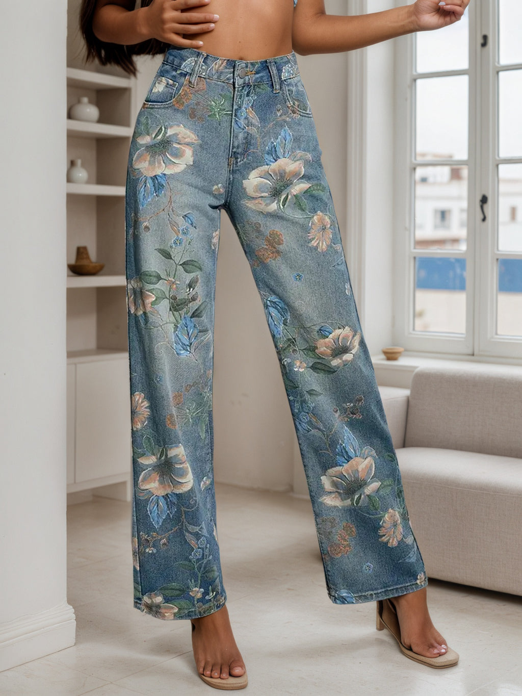 2025 New Women's Fashion Printed Jeans, Straight Leg Loose Wide Leg Pants, Suitable For A Variety Of Wear, Spring Summer Autumn Clothing,