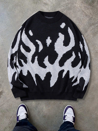 Loose-fitting Crew Neck Design Trendy Avant-garde Black-and-blue Color Scheme Abstract-pattern Knit Sweater