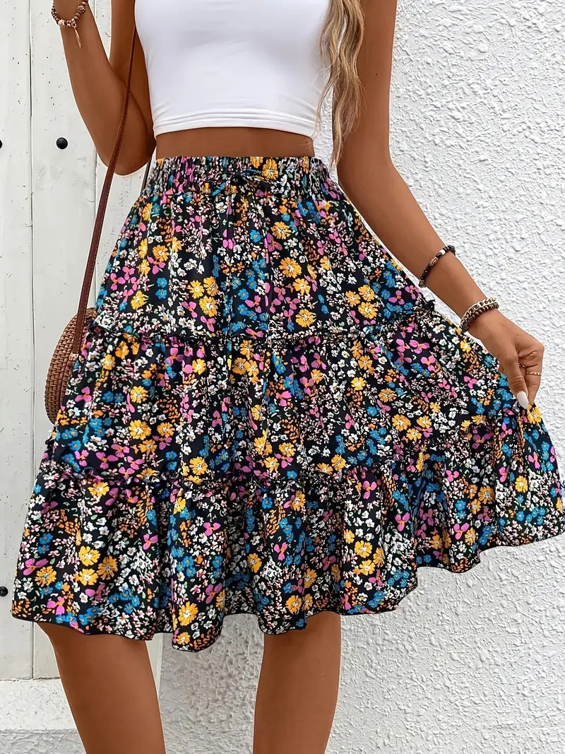 Floral Bohemian Ruffled Hem Skirt for Women