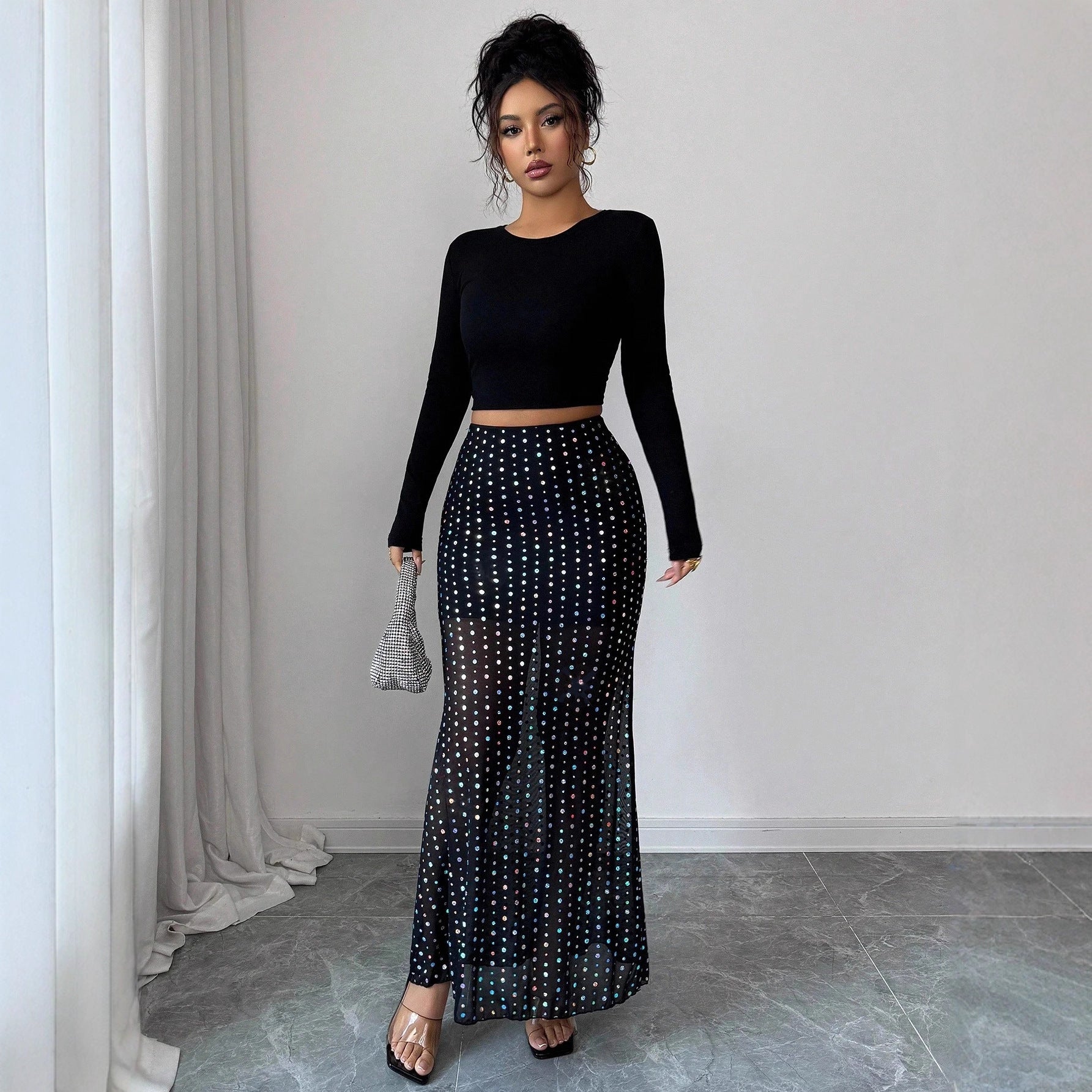 Shimmery Sequin Doublelayer Mesh Highwaist Figurehugging Skirt