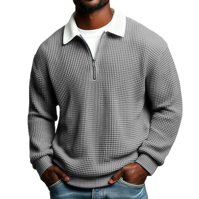 Men's Solid-Color Waffle-Weave Long-Sleeve Lapel Zip-Up Shirt