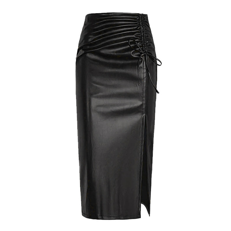 Women's Solid Color PU Leather Pencil Skirt, Drawstring Waist Bodycon Midi Skirt With Slit Hem