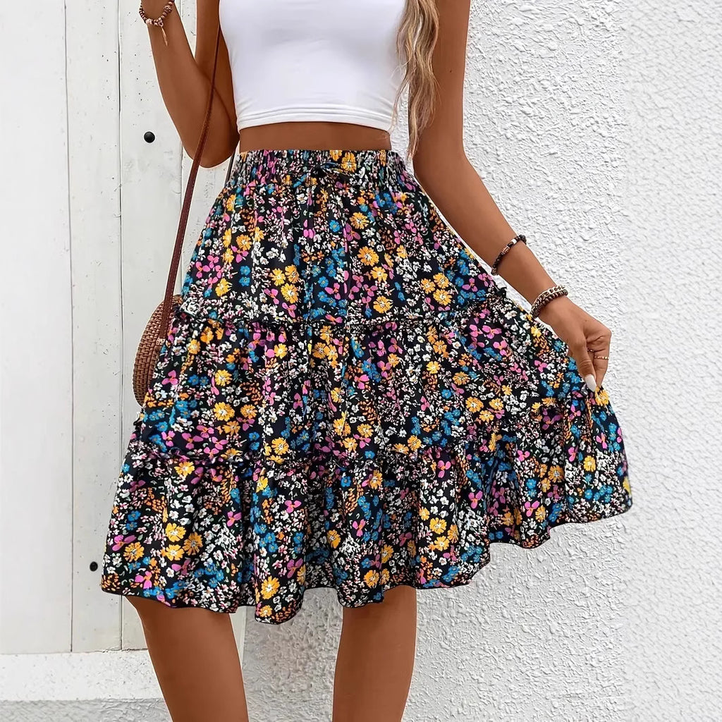Floral Bohemian Ruffled Hem Skirt for Women