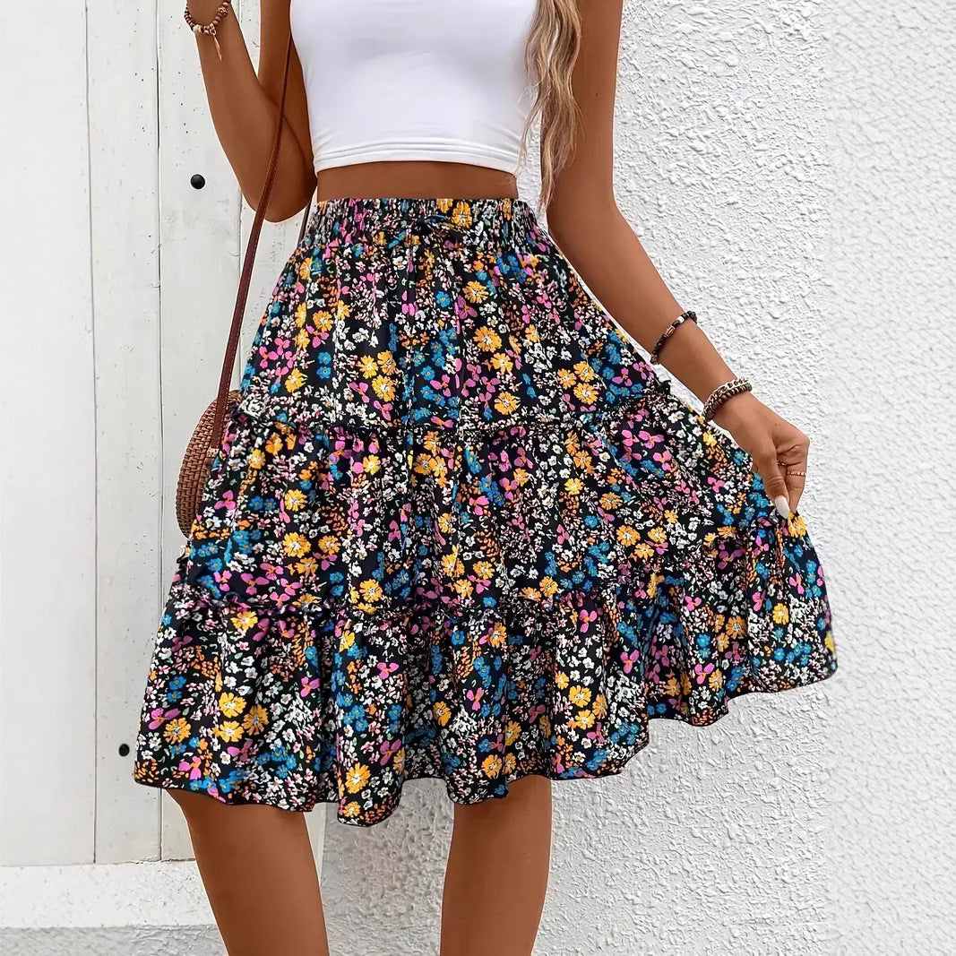 Floral Bohemian Ruffled Hem Skirt for Women