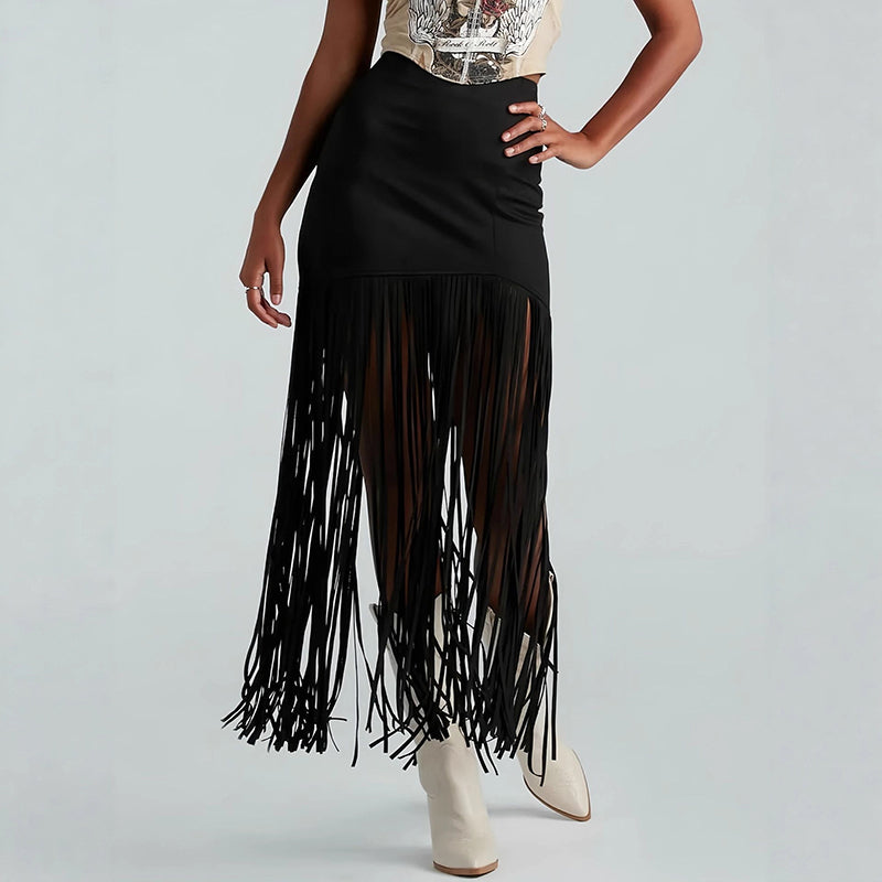 Women's Suede-Look Maxi Skirt With Fringe Hem, Western Bohemian Style Skirt For Spring And Summer