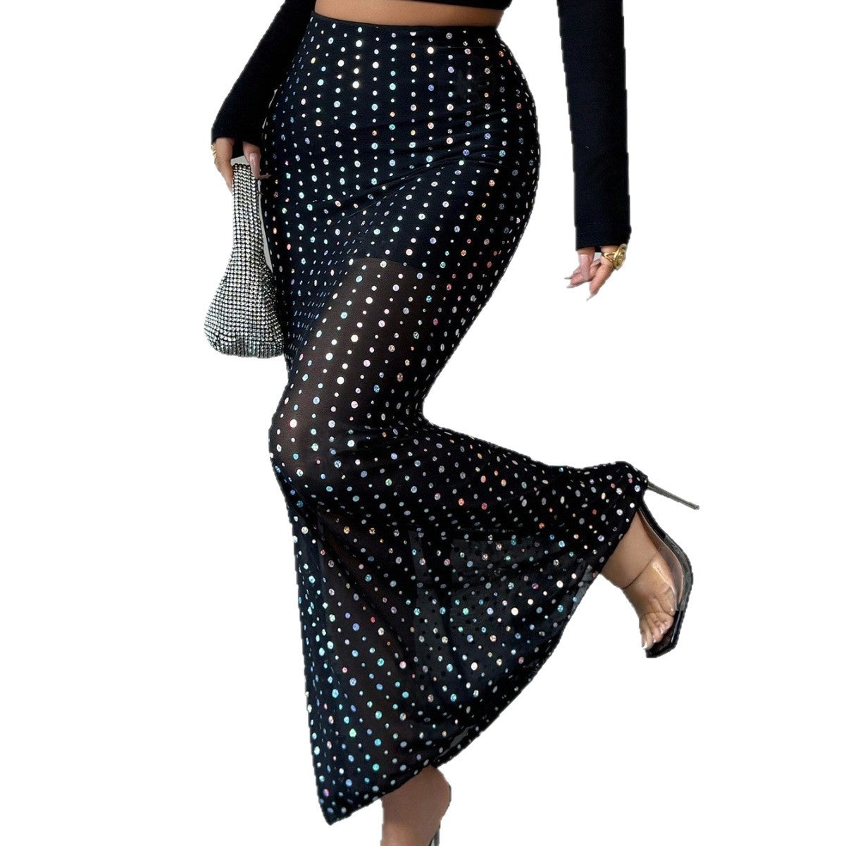 Shimmery Sequin Doublelayer Mesh Highwaist Figurehugging Skirt