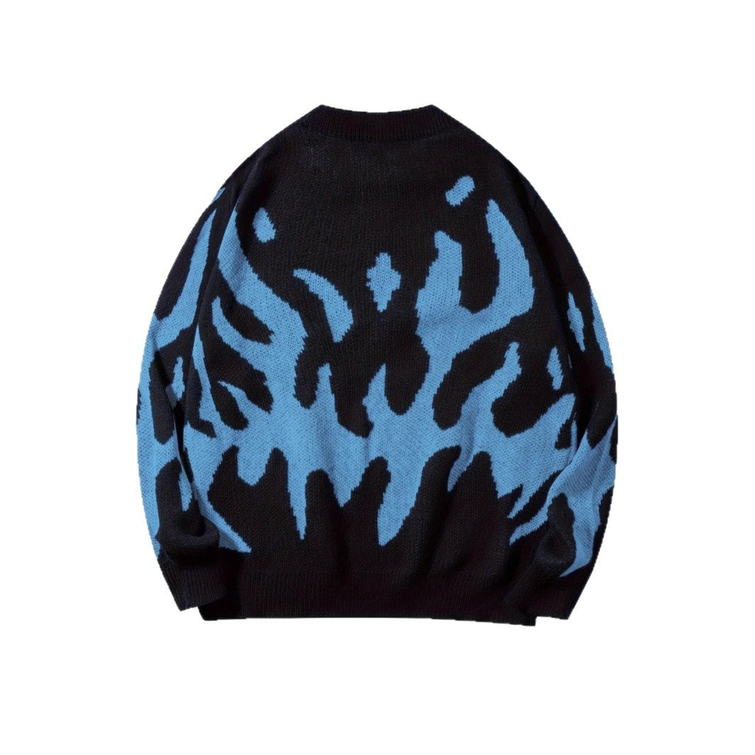 Loose-fitting Crew Neck Design Trendy Avant-garde Black-and-blue Color Scheme Abstract-pattern Knit Sweater