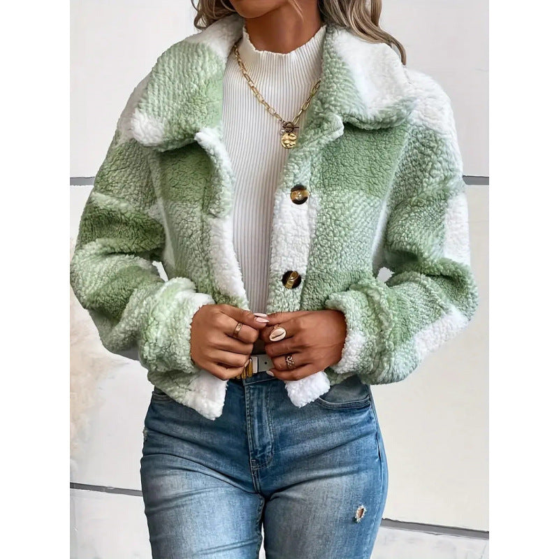 Plaid Pattern Plush Button Cardigan Casual Warm Coat