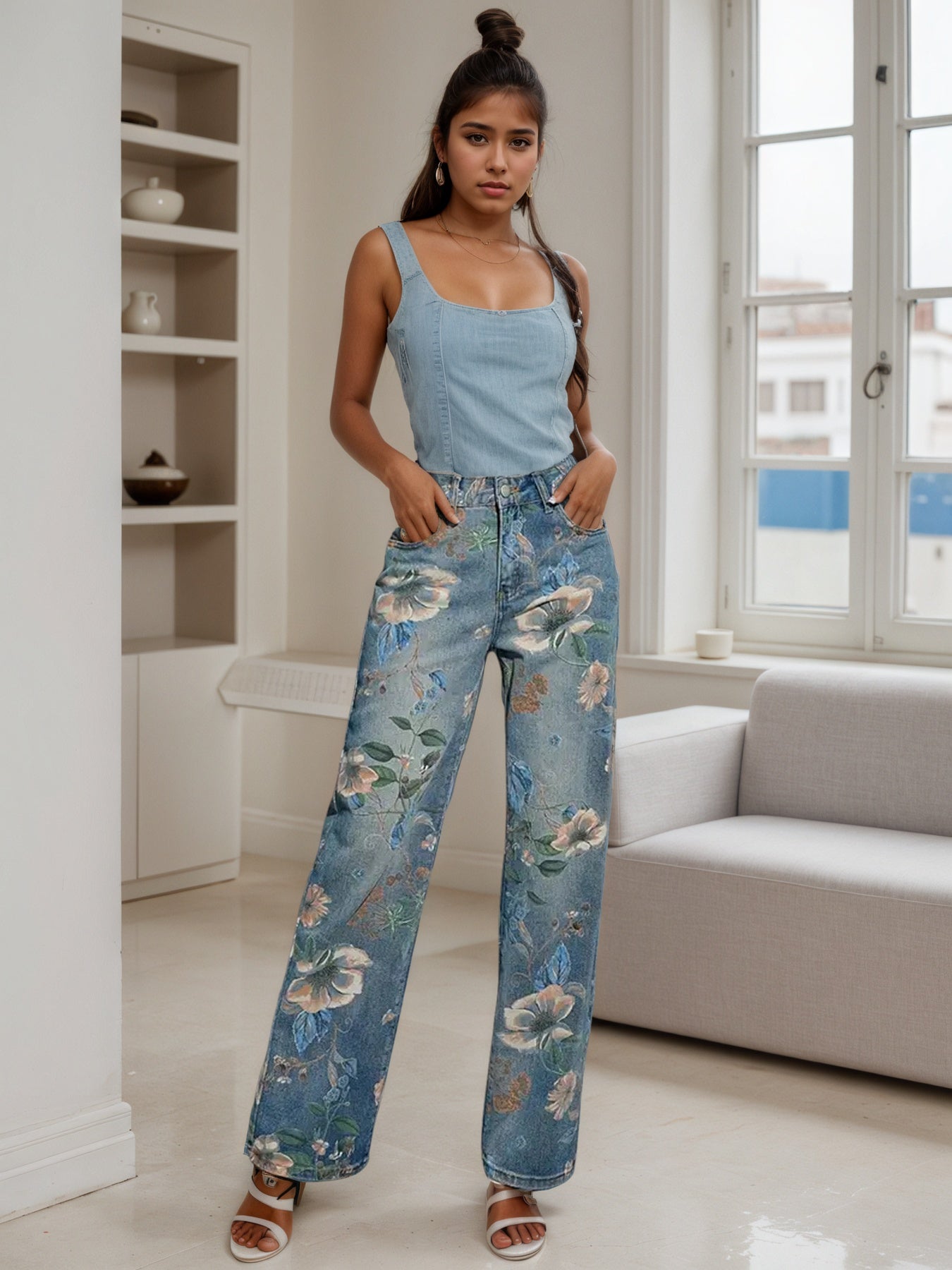2025 New Women's Fashion Printed Jeans, Straight Leg Loose Wide Leg Pants, Suitable For A Variety Of Wear, Spring Summer Autumn Clothing,