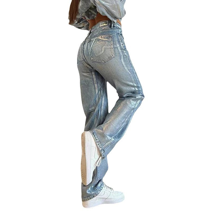 Washed Personality Blue Hot Silver Black Hot Silver High Waist Straight Style Jeans