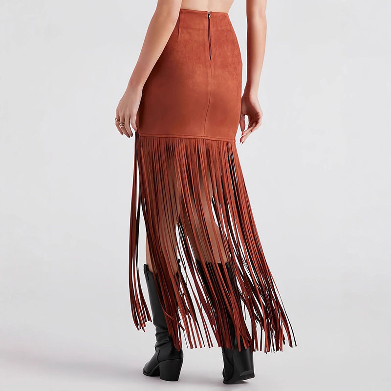 Women's Suede-Look Maxi Skirt With Fringe Hem, Western Bohemian Style Skirt For Spring And Summer