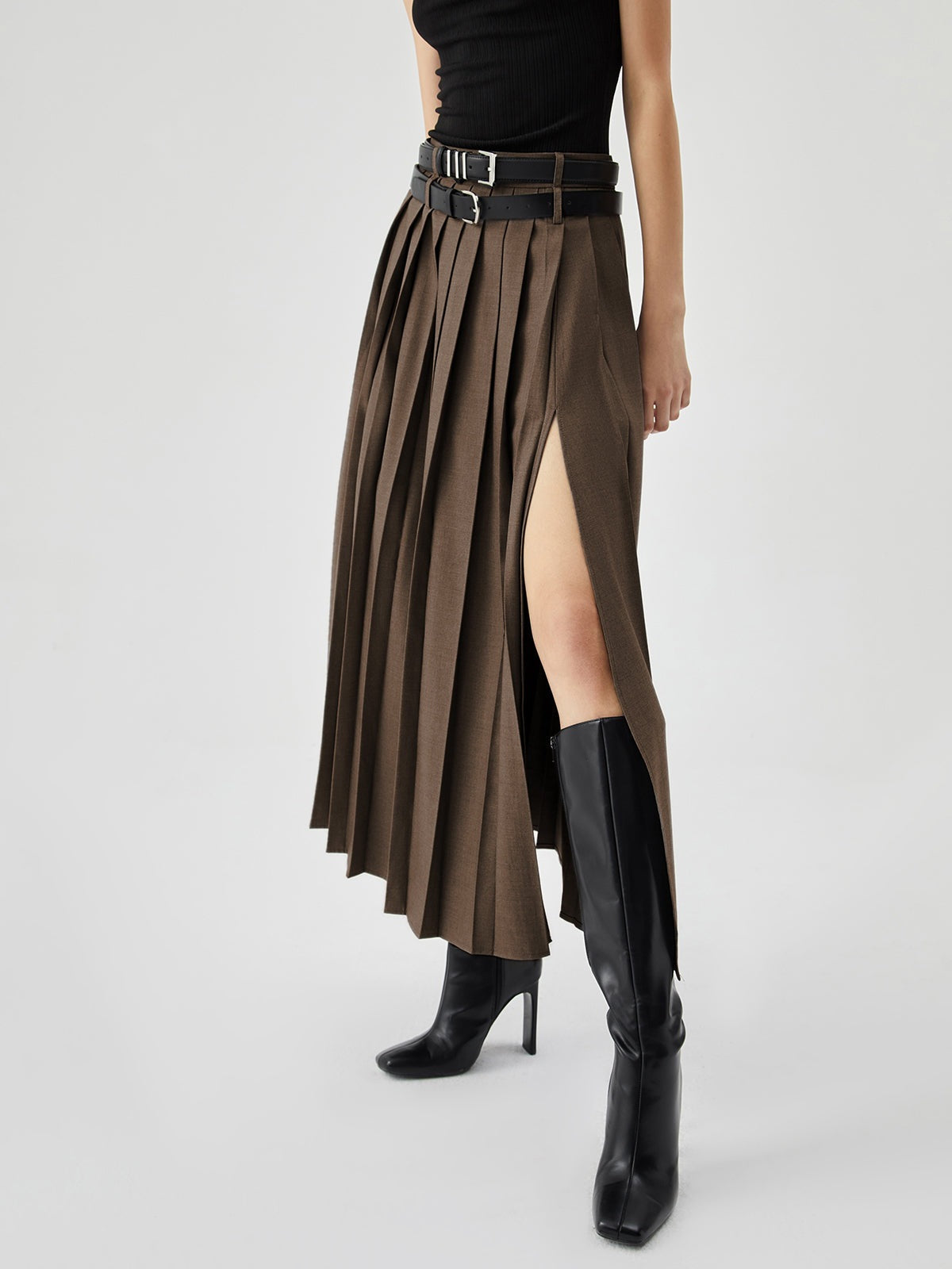 Women's High Waist Slimming Slit Pleated Skirt