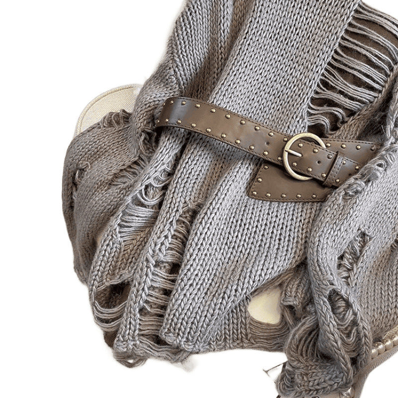 American-style Retro Hollow-out Long-sleeve Sweater With Belt