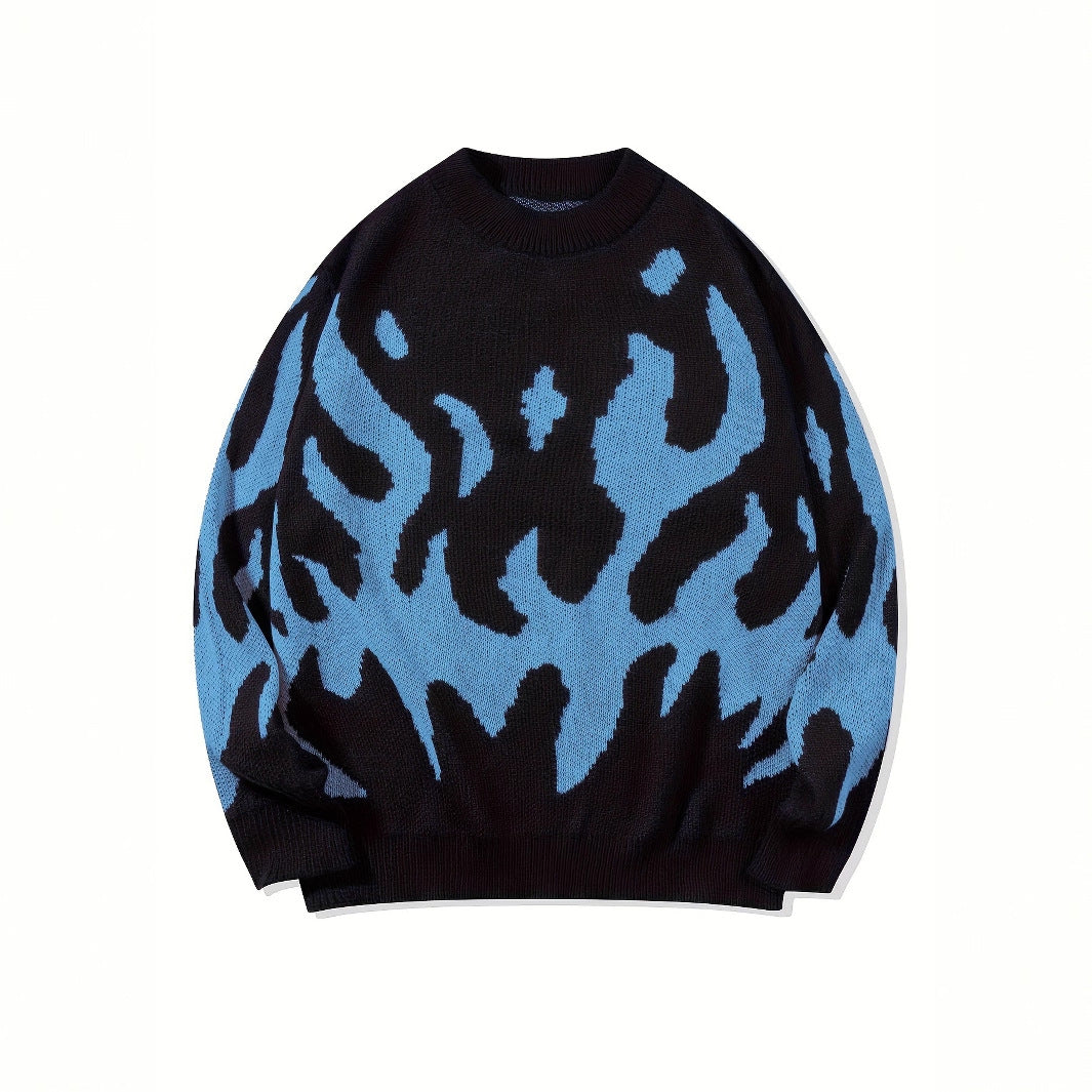 Loose-fitting Crew Neck Design Trendy Avant-garde Black-and-blue Color Scheme Abstract-pattern Knit Sweater