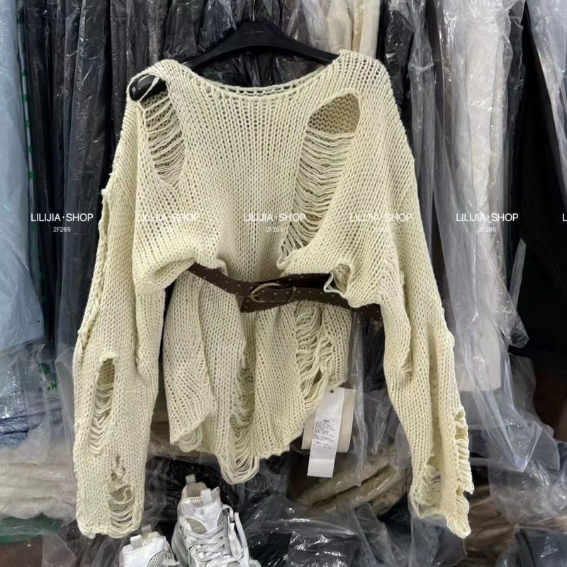 American-style Retro Hollow-out Long-sleeve Sweater With Belt