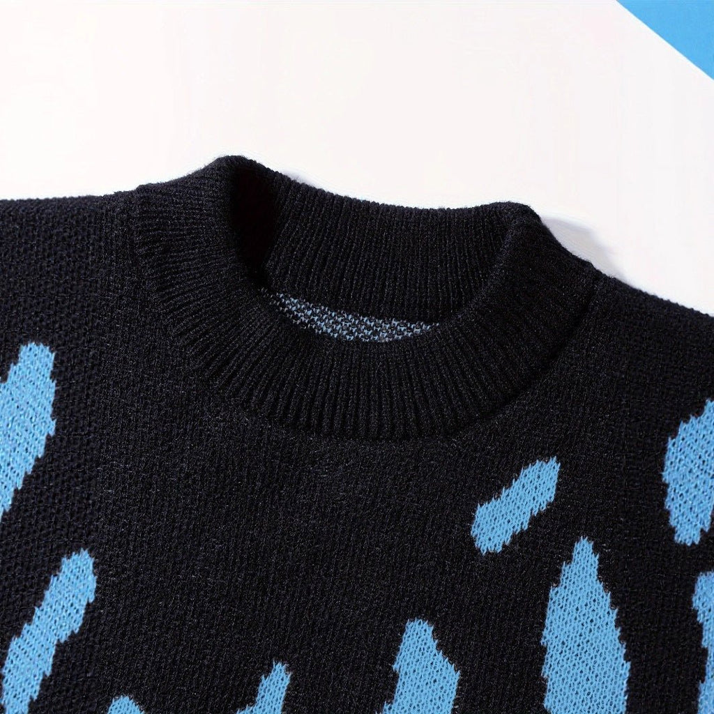 Loose - fitting Crew Neck Design Trendy Avant - garde Black - and - blue Color  pattern Knit Sweater - QuickChop