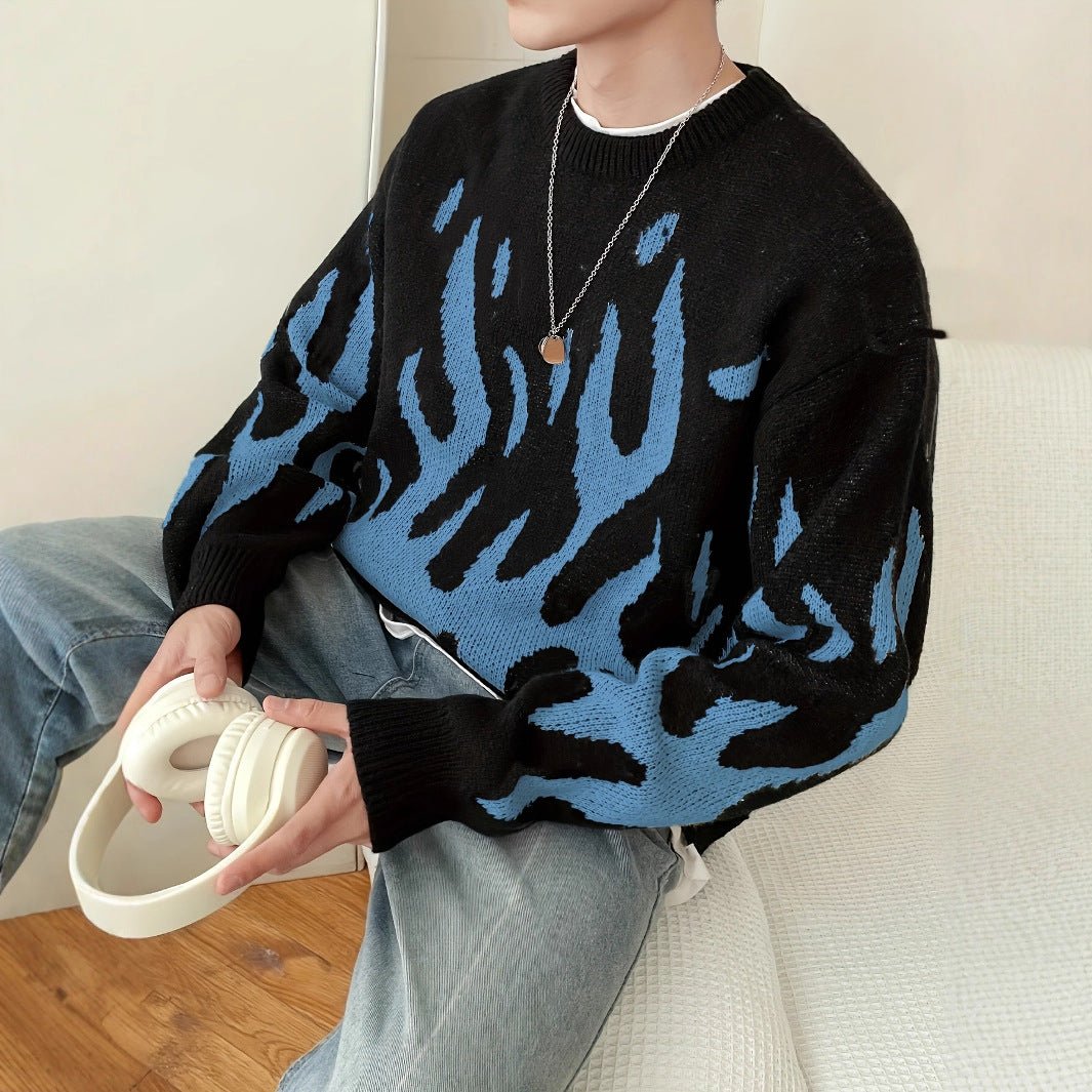 Loose - fitting Crew Neck Design Trendy Avant - garde Black - and - blue Color  pattern Knit Sweater - QuickChop