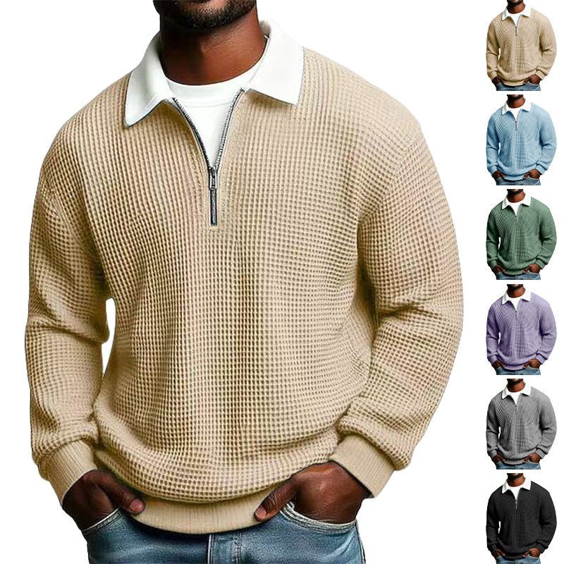 Men's Solid - Color Waffle - Weave Long - Sleeve Lapel Zip - Up Shirt - QuickChop