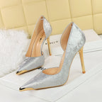 Satin Metal Pointed High Heel Thin Heel Shallow Single Shoes - QuickChop