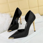 Satin Metal Pointed High Heel Thin Heel Shallow Single Shoes - QuickChop