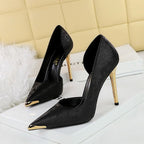 Satin Metal Pointed High Heel Thin Heel Shallow Single Shoes - QuickChop