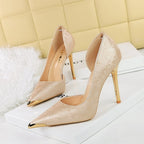 Satin Metal Pointed High Heel Thin Heel Shallow Single Shoes - QuickChop