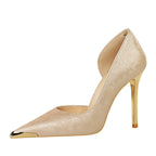 Satin Metal Pointed High Heel Thin Heel Shallow Single Shoes - QuickChop
