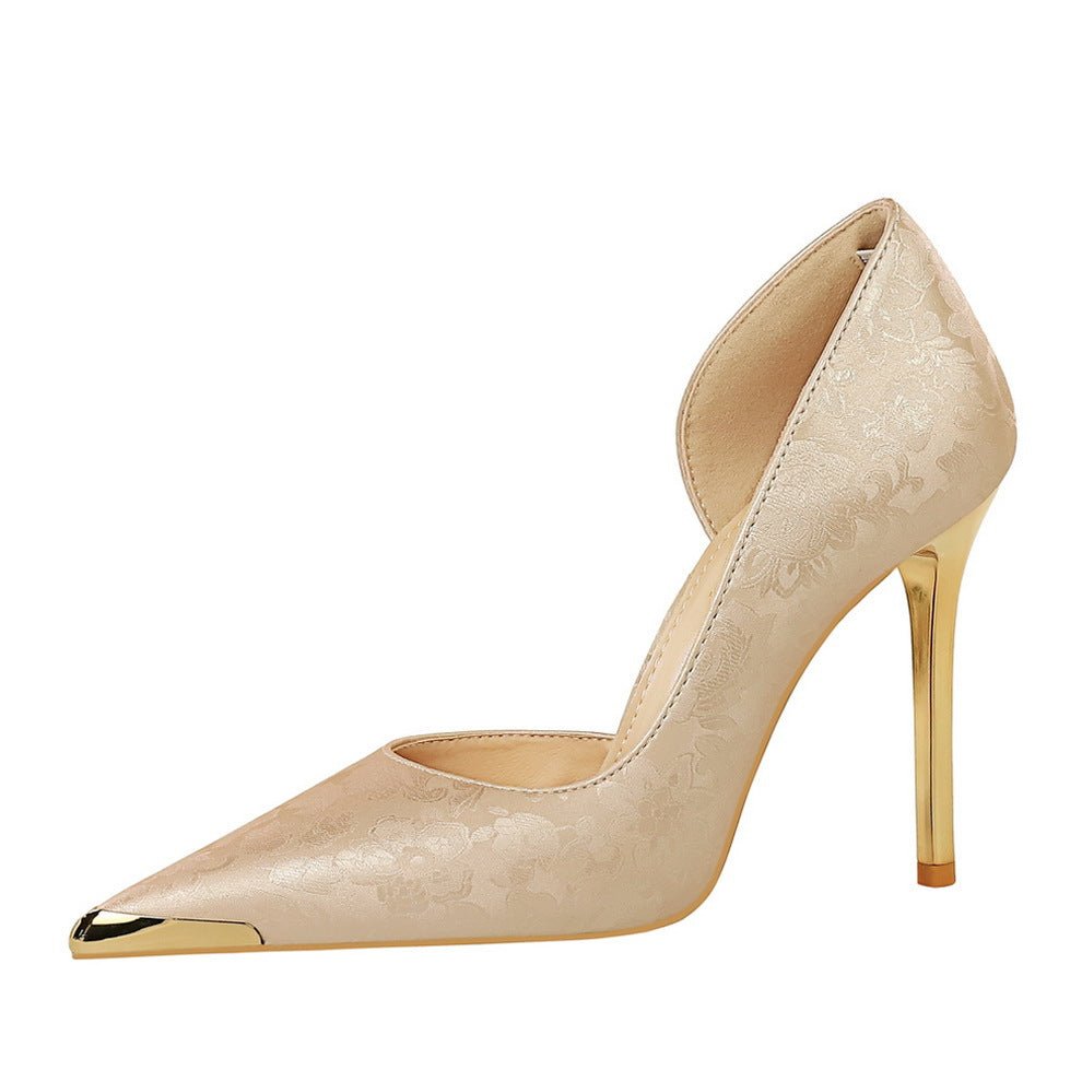 Satin Metal Pointed High Heel Thin Heel Shallow Single Shoes - QuickChop