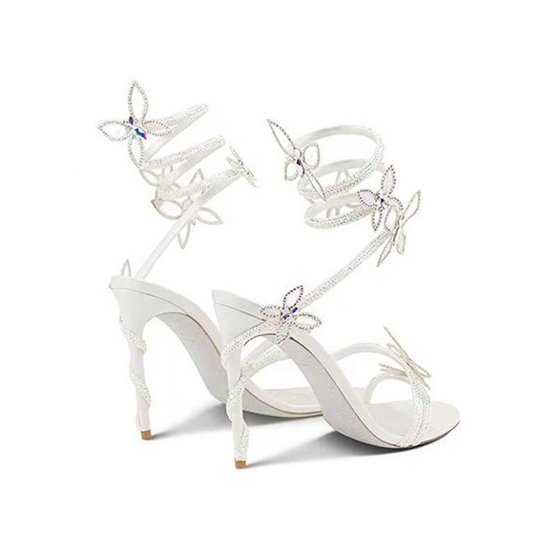 Snake Butterfly Rhinestone Flower Stiletto Heel Roman Sandals - QuickChop