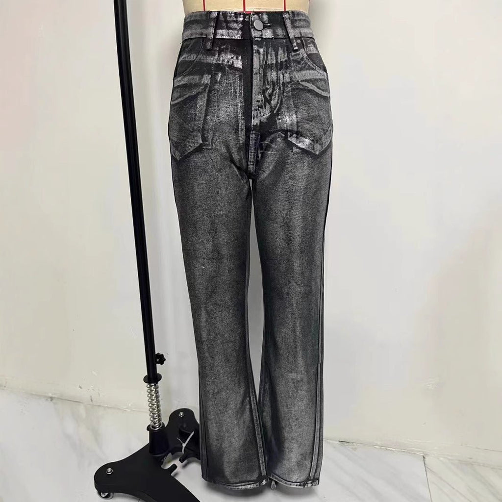 Washed Personality Blue Hot Silver Black Hot Silver High Waist Straight Style Jeans - QuickChop