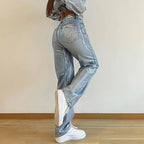 Washed Personality Blue Hot Silver Black Hot Silver High Waist Straight Style Jeans - QuickChop