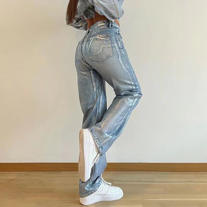 Washed Personality Blue Hot Silver Black Hot Silver High Waist Straight Style Jeans - QuickChop