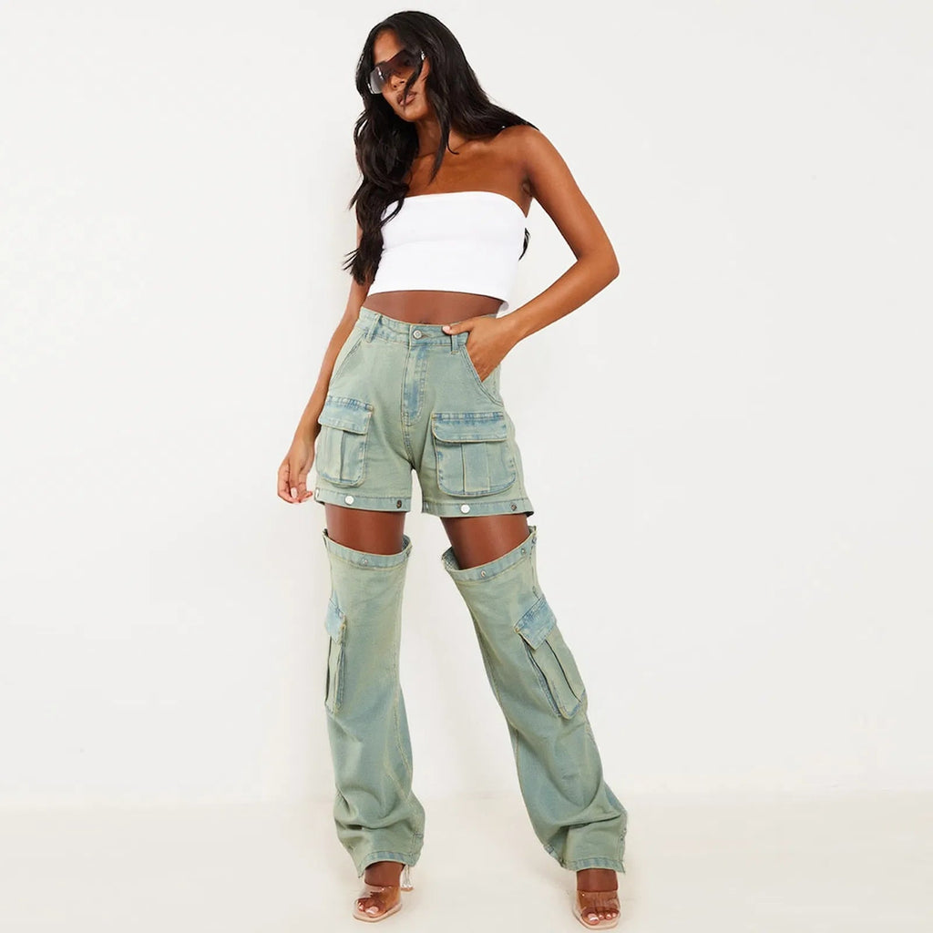 Women's High - Waist Cargo Pants Loose Fit Convertible Pants With Zip - Off Legs To Shorts Cotton - QuickChop