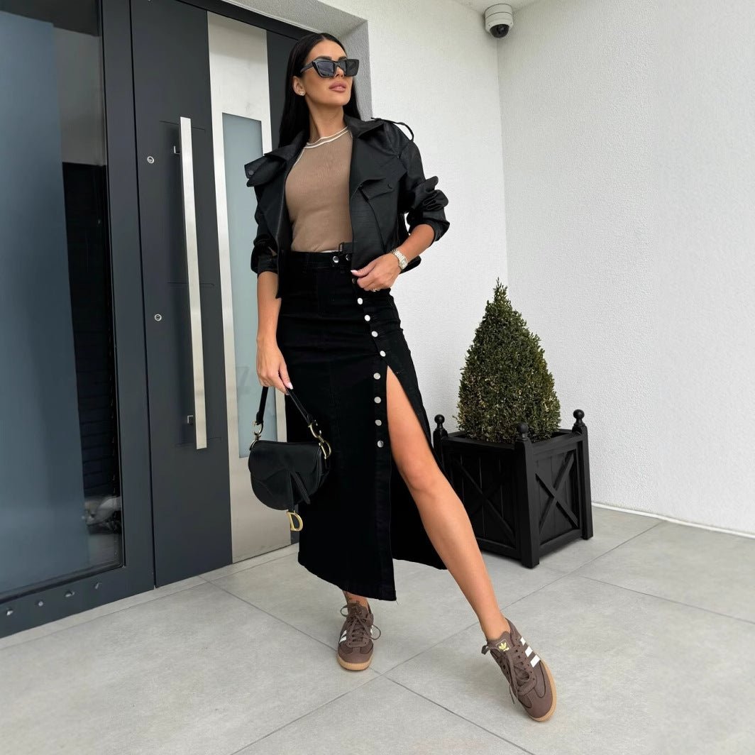 Women's Solid Color Button Irregular Slit Denim Skirt - QuickChop