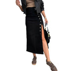 Women's Solid Color Button Irregular Slit Denim Skirt - QuickChop