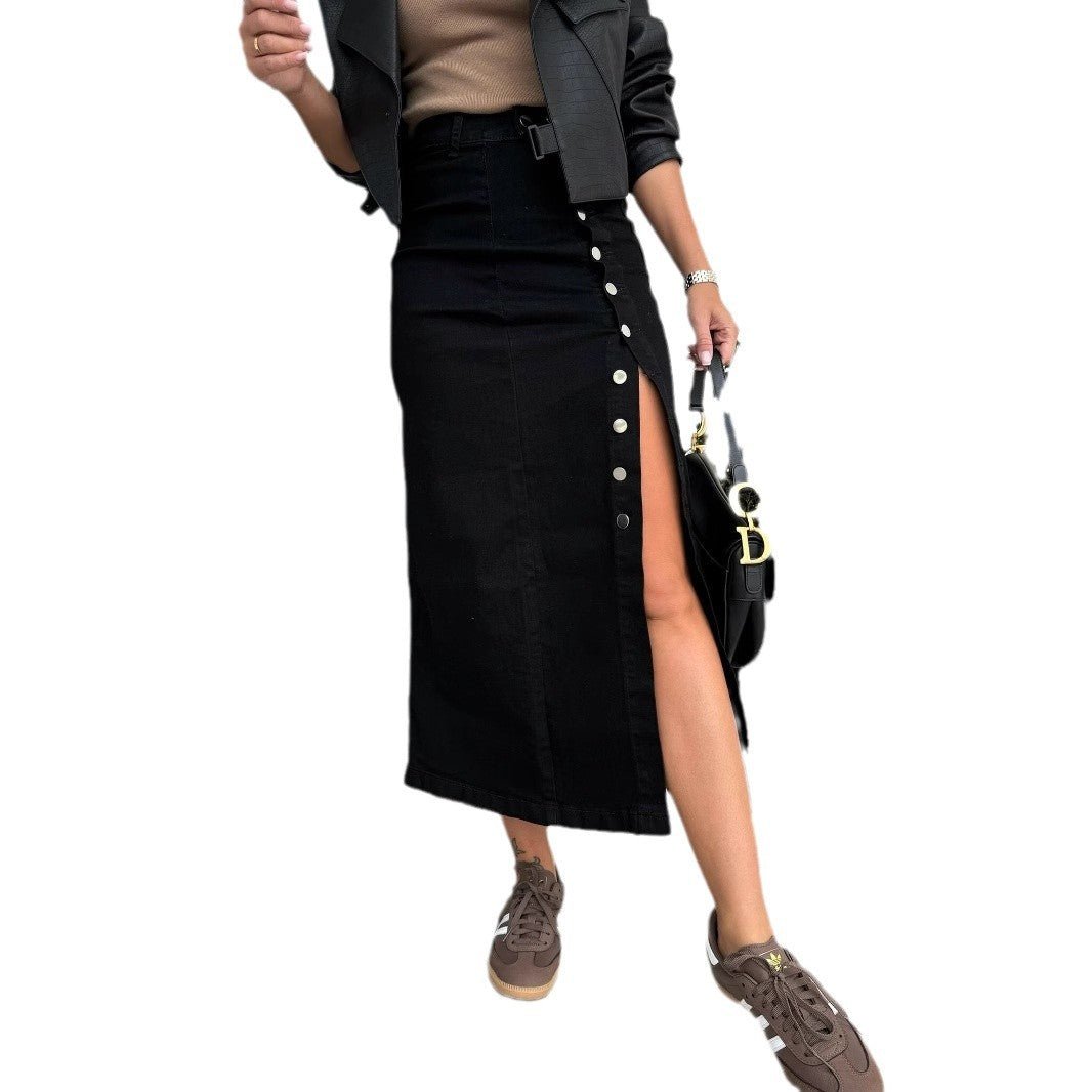 Women's Solid Color Button Irregular Slit Denim Skirt - QuickChop