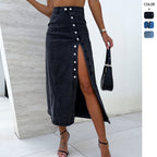 Women's Solid Color Button Irregular Slit Denim Skirt - QuickChop
