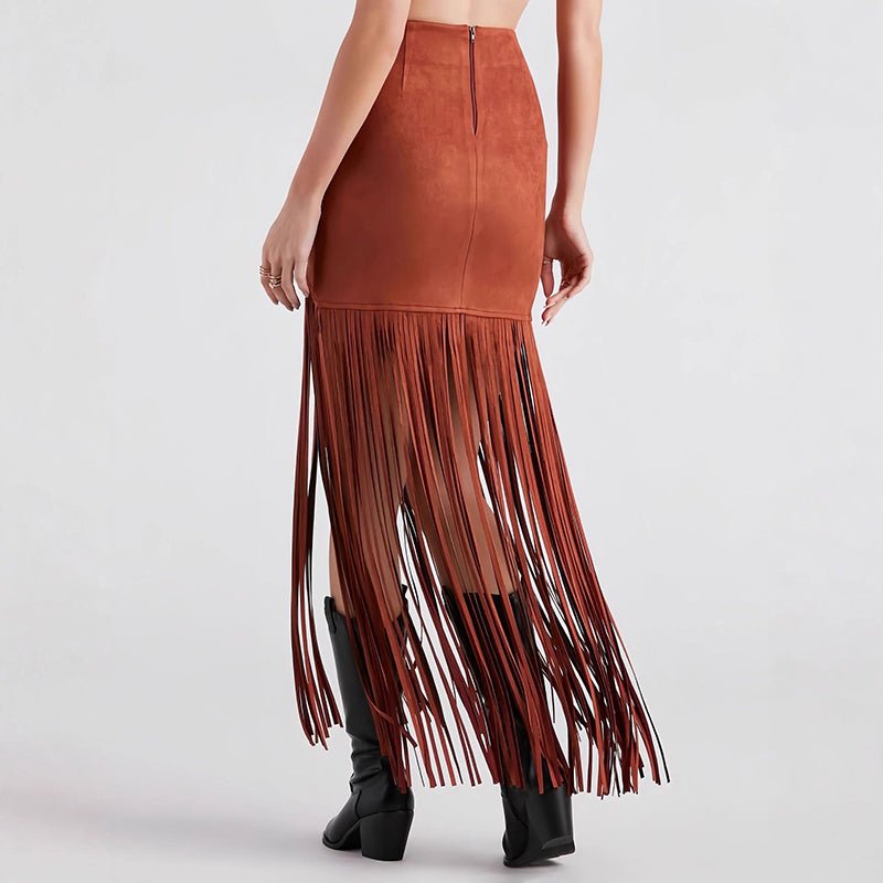 Women's Suede - Look Maxi Skirt With Fringe Hem, Western Bohemian Style Skirt For Spring And Summer - QuickChop