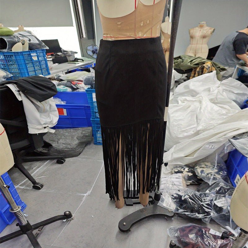 Women's Suede - Look Maxi Skirt With Fringe Hem, Western Bohemian Style Skirt For Spring And Summer - QuickChop