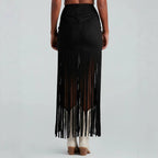 Women's Suede - Look Maxi Skirt With Fringe Hem, Western Bohemian Style Skirt For Spring And Summer - QuickChop