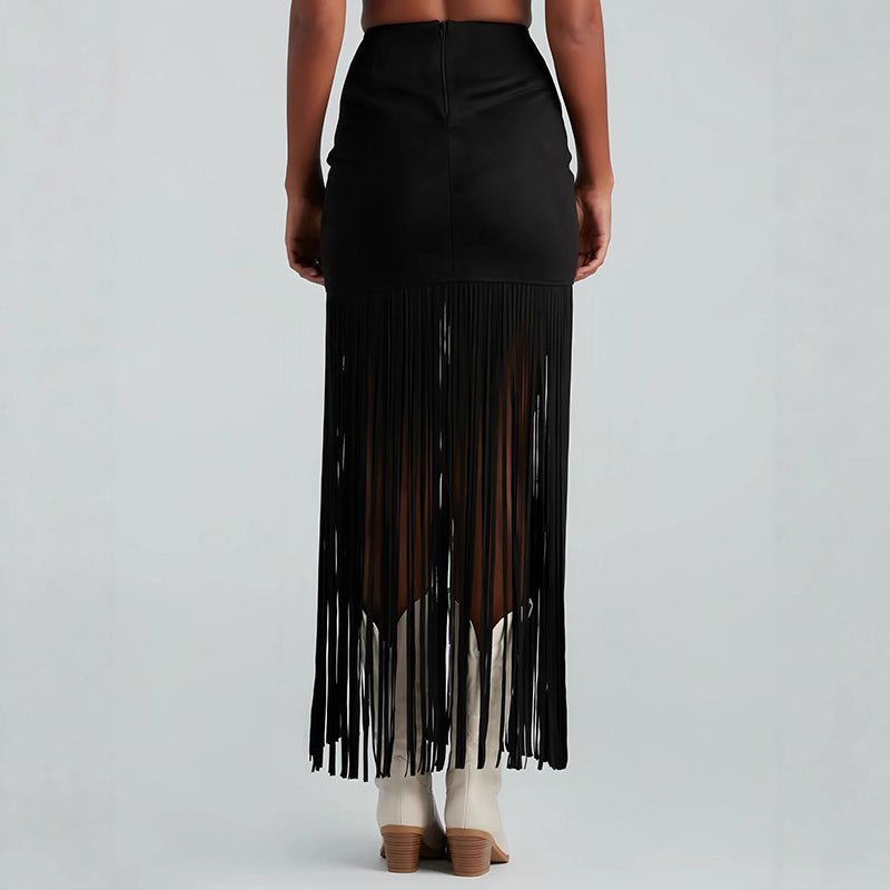 Women's Suede - Look Maxi Skirt With Fringe Hem, Western Bohemian Style Skirt For Spring And Summer - QuickChop